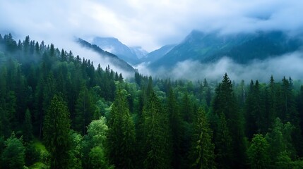 Poster - Foggy mountain forest landscape in the early morning with lush greenery : Generative AI
