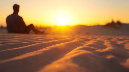 Aufkleber - Silhouette of a man sitting on sandy dunes watching sunset on a warm evening : Generative AI