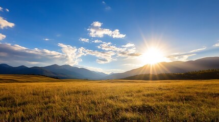 Poster - Breathtaking Mountain Scenery with Golden Sunlight Beaming Over an Open Field at Sunrise : Generative AI