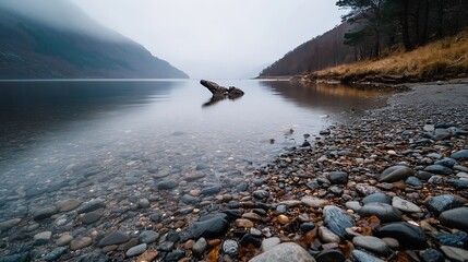 Poster - Serene Foggy Landscape of a Calm Lake with Pebbles and Hills in a Tranquil Natural Setting : Generative AI