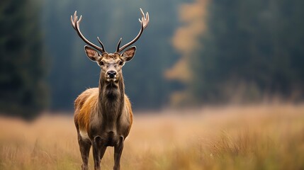 Poster - Majestic stag standing proudly in a blurred green field : Generative AI