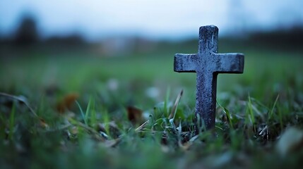 Poster - Small weathered cross stands prominently in a serene green field under a cloudy sky : Generative AI