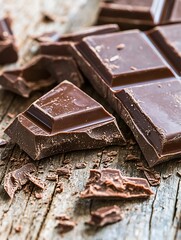 Poster - Delicious dark chocolate pieces scattered over rustic wooden background for food photography : Generative AI