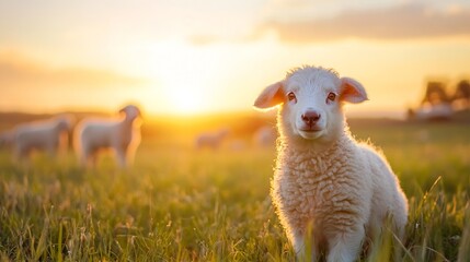 Poster - Adorable fluffy lamb standing in a field at sunset surrounded by other sheep grazing peacefully : Generative AI