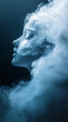 Poster - A serene face appears gently within a misty cloud, illuminated by soft light. The tranquil expression reflects peace and mystery, creating an enchanting atmosphere