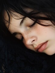 Poster - Closeup of a peaceful young woman with freckles resting her face against a black fabric : Generative AI