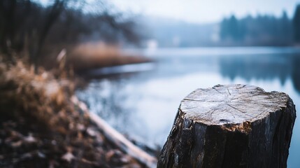 Aufkleber - Tranquil lakeside scene showcasing a rustic tree stump by the calm waters in a misty atmosphere : Generative AI