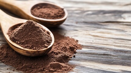 Poster - Dark fine cocoa powder and raw cacao in wooden spoons on rustic wooden background capturing rich texture and color : Generative AI