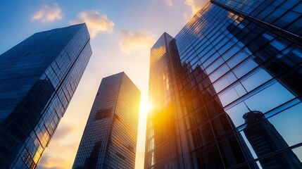 Aufkleber - Dynamic Cityscape at Sunset with Reflective Skyscrapers and a Vibrant Sky : Generative AI