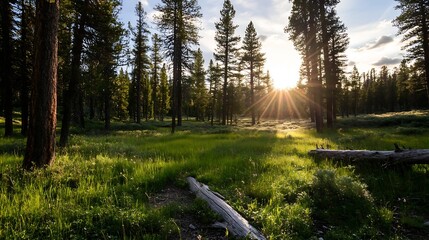 Aufkleber - Vibrant Green Forest Scene with Sunlight Peeking Through Tall Trees at Golden Hour : Generative AI