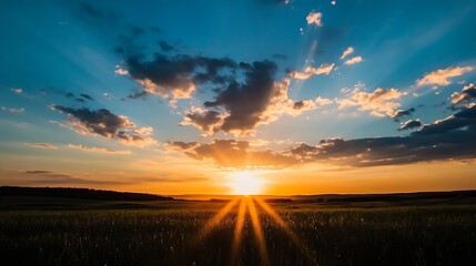 Poster - Stunning Sunset Over Rolling Hills with Rays of Light and Majestic Clouds in Beautiful Colors : Generative AI