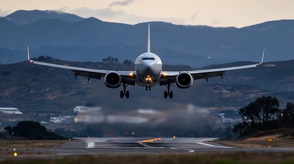 Poster - Commercial airplane landing on runway with mountains in background during sunset : Generative AI
