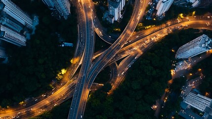 Aufkleber - aerial view of a busy highway interchange at night illuminated by city lights : generative ai