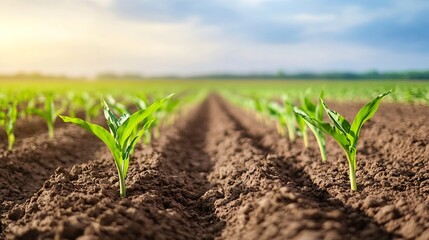Poster - Closeup view of young corn plants growing in rich soil under a bright sky during the day : Generative AI