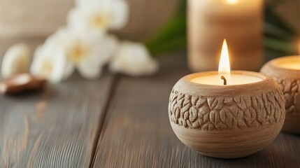 Aufkleber - Natural Aromatic Candle in Elegant Clay Holder with Warm Glow and Soft Background Elements : Generative AI