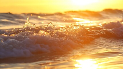 Aufkleber - Stunning close up view of ocean waves sparkling in golden sunset light : Generative AI