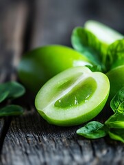 Poster - Juicy green grapes cut in half revealing their vibrant flesh with leaves nearby : Generative AI