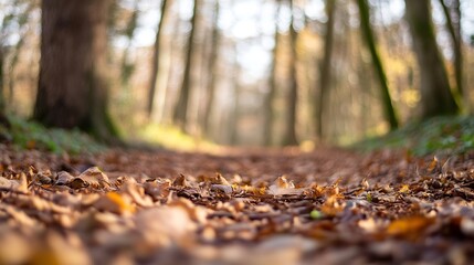Poster - Autumn pathway covered with colorful leaves creating a serene woodland scene : Generative AI
