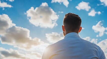 Poster - Man in formal shirt gazing into the vast sky filled with clouds during a bright sunny day : Generative AI
