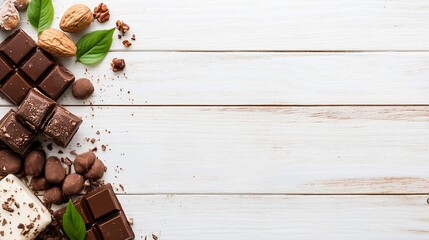 Poster - Delicious assortment of dark chocolate pieces and nuts arranged elegantly on modern wooden table with natural textures and crumbs : Generative AI