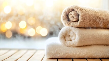 Aufkleber - Rolled towels stacked neatly in a tranquil spa setting with soft bokeh : Generative AI