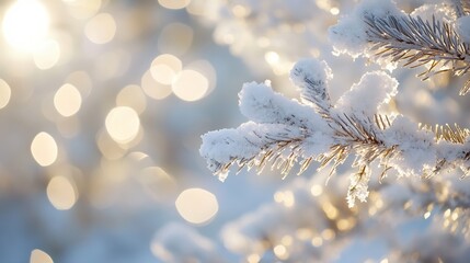Aufkleber - Close up of frosty tree branches with sparkling ice and blurred golden bokeh in winter sunlight : Generative AI