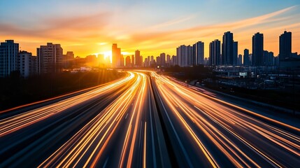 Wall Mural - Dynamic cityscape at sunset capturing the movement of traffic along a busy highway with highrise buildings : Generative AI