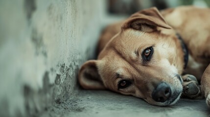 Poster - Closeup of a sad dog lying on concrete with expressive eyes showcasing its emotional depth : Generative AI