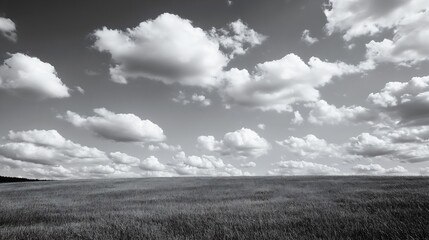Poster - Expansive black and white landscape showcasing fluffy clouds over an open field under a vast sky : Generative AI