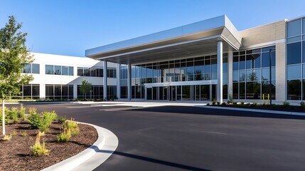 Leinwandbilder - Modern business office exterior with glass facade and landscaped entrance showcasing an inviting corporate environment : Generative AI