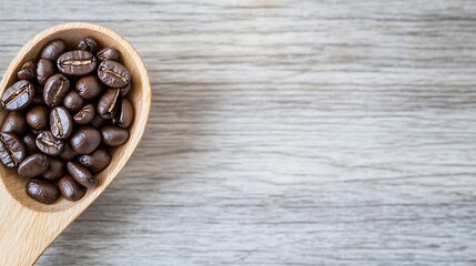 Poster - Organic coffee beans in wooden spoon on rustic background for brewing fresh coffee : Generative AI