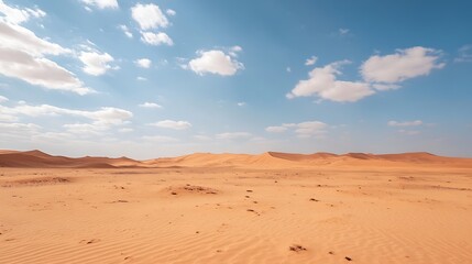 Poster - Vast desert landscape under blue sky with sparse clouds and golden sands : Generative AI