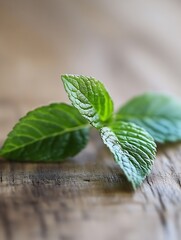 Poster - Fresh Mint Leaves on a Rustic Wooden Surface Capturing Nature's Essence : Generative AI