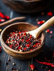Poster - Colorful assortment of spices in wooden bowl with fresh red and black pepper : Generative AI
