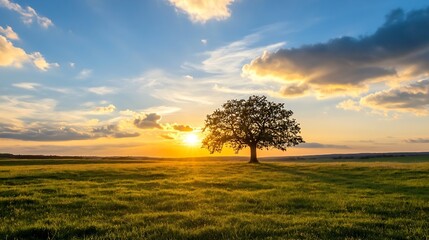 Poster - Majestic Tree Silhouetted Against a Stunning Sunset in Open Field : Generative AI
