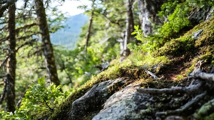 Poster - Lush Green Forest Floor with Moss and Rocks Surrounded by Tall Trees and Vibrant Foliage : Generative AI