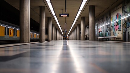 Aufkleber - Modern subway station platform with minimalist design and graffiti on the walls providing urban vibes : Generative AI