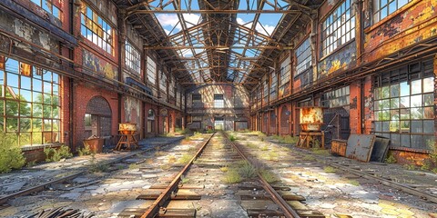  Abandoned ruined industrial building interior.