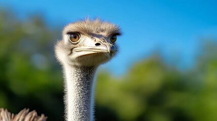 Poster - Detailed CloseUp of an Ostrich Gazing Intently with a Soft Blue Background : Generative AI