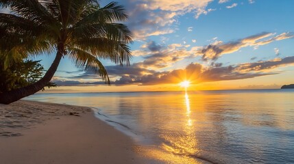 Aufkleber - Tropical sunset over a tranquil beach with palm trees reflected in calm ocean waters : Generative AI