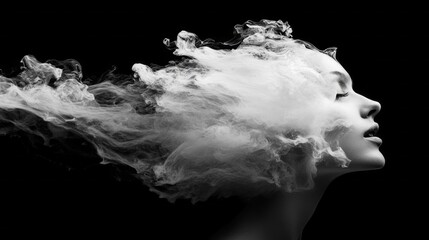 Poster - A captivating figure emerges as wisps of smoke billow around, intertwining with delicate facial features