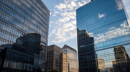 Poster - Modern city skyline with glass buildings reflecting clouds and blue sky : Generative AI