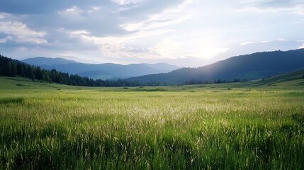 Aufkleber - Serene landscape of a green meadow under a bright sunrise with distant mountains : Generative AI