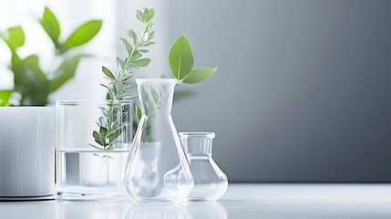 Poster - Serene display of glass vases with greenery in a bright and modern interior setting : Generative AI