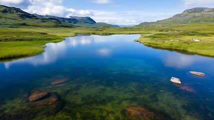 Poster - Scenic Lake Landscape Surrounded by Lush Green Hills and Clear Blue Skies : Generative AI
