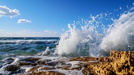 Poster - Dynamic wave crashing against rocky shore under a bright sky with fluffy clouds : Generative AI