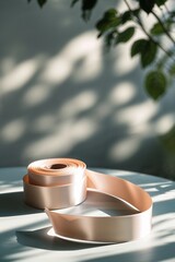 Poster - elegant satin ribbon on a table with soft sunlight illuminating nearby foliage