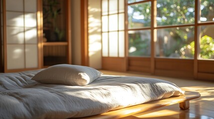 Leinwandbilder - Minimalist Japanese Style Bedroom with Natural Light and Warm Atmosphere : Generative AI