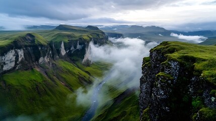 Aufkleber - Majestic misty mountainscape with river and clouds captured at dawn : Generative AI