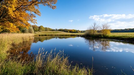 Poster - Serene autumn landscape featuring a calm pond surrounded by colorful trees reflecting in the water : Generative AI